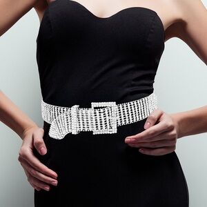 Silver Rhinestone Paved Embellished Square Buckle Statement Belt